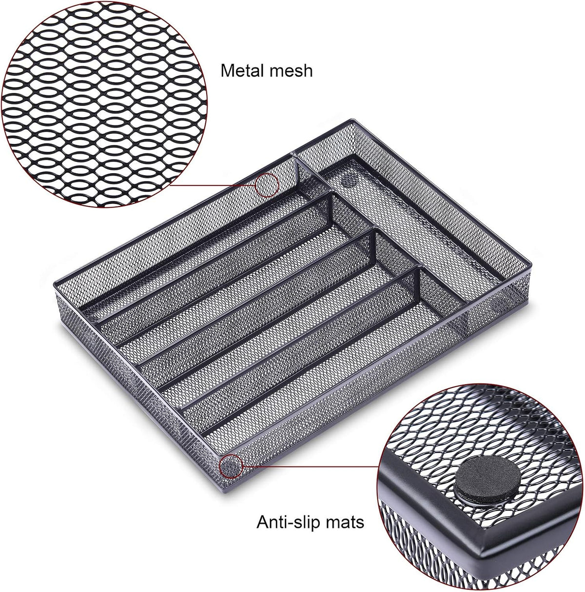 Office Desk Drawer Organizer, 5 Compartments Mesh Drawer Organizer Tray for Storage Art Supplies, Stationery, Black