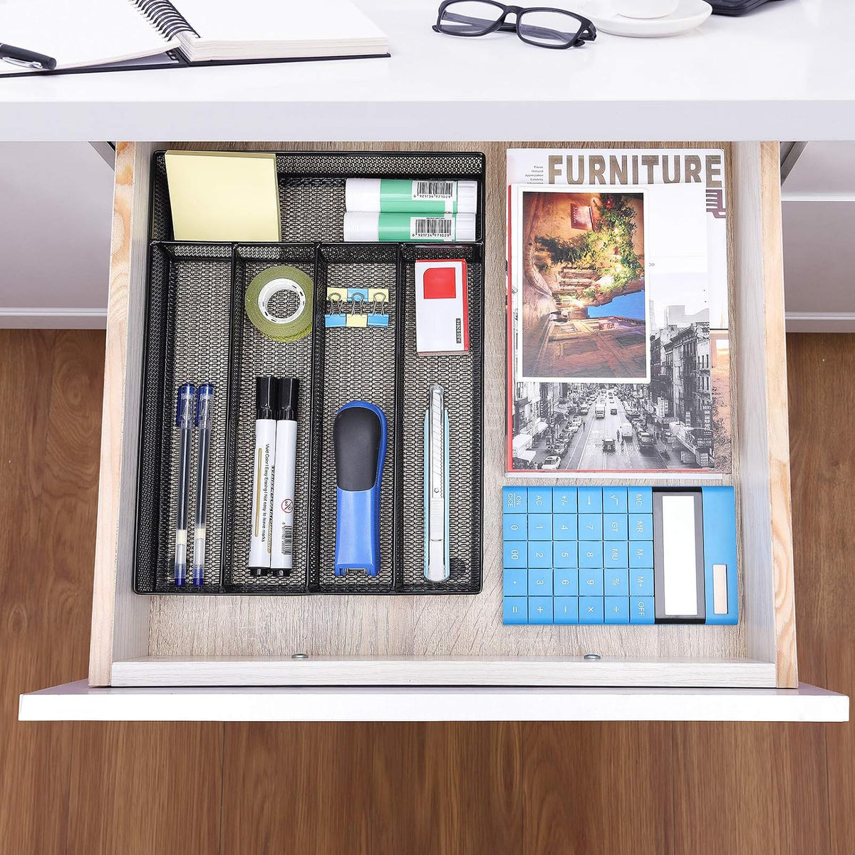 Office Desk Drawer Organizer, 5 Compartments Mesh Drawer Organizer Tray for Storage Art Supplies, Stationery, Black