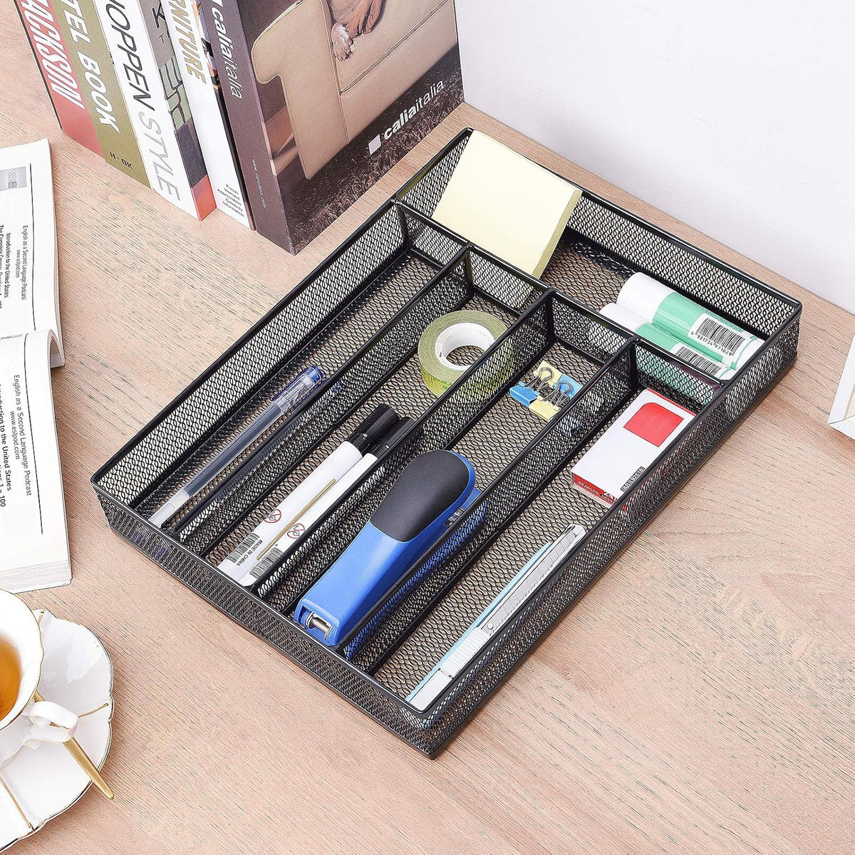 Office Desk Drawer Organizer, 5 Compartments Mesh Drawer Organizer Tray for Storage Art Supplies, Stationery, Black