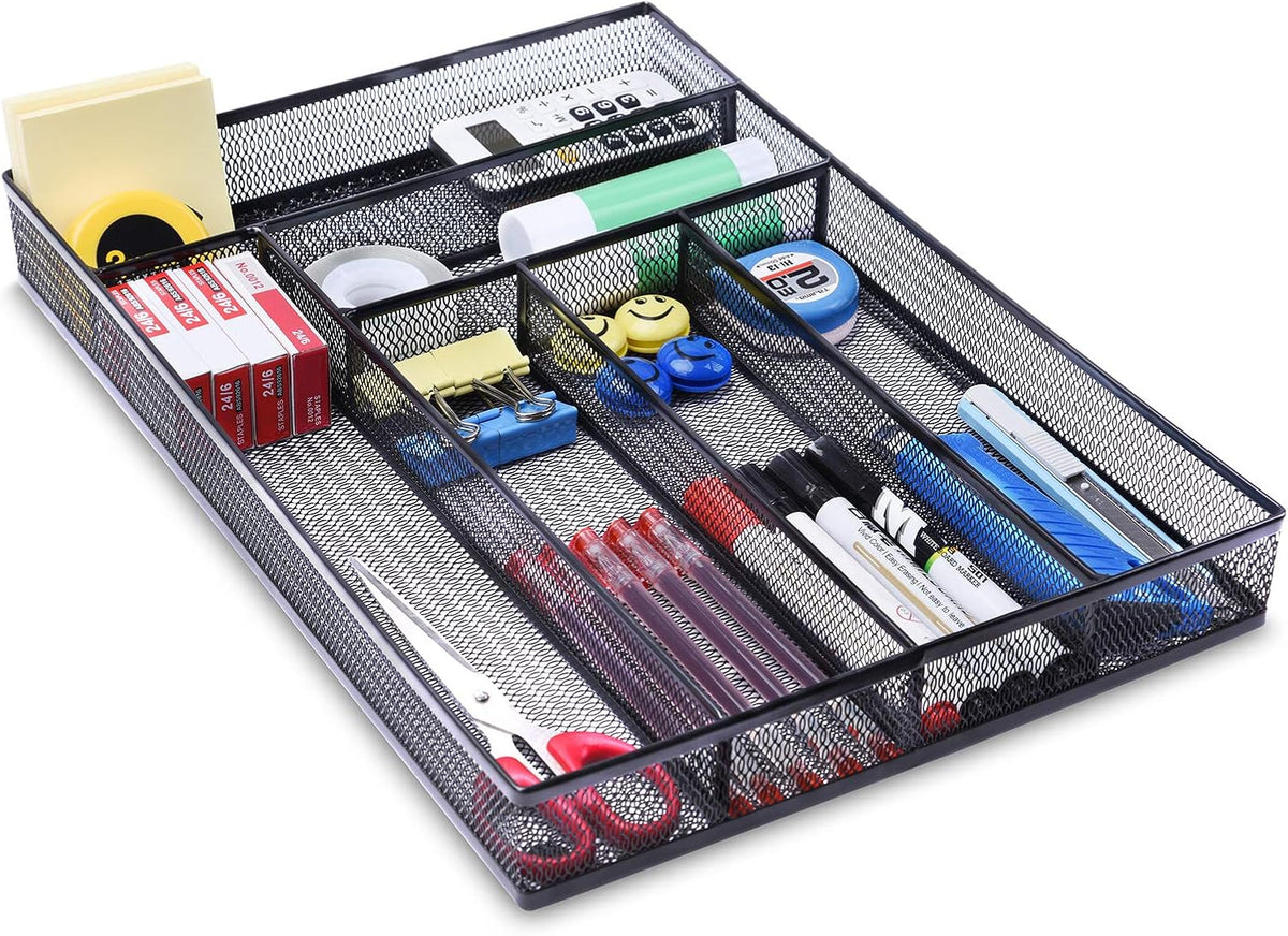 Office Desk Drawer Organizer, 5 Compartments Mesh Drawer Organizer Tray for Storage Art Supplies, Stationery, Black