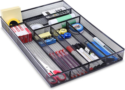 Office Desk Drawer Organizer, 5 Compartments Mesh Drawer Organizer Tray for Storage Art Supplies, Stationery, Black