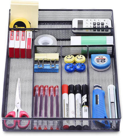 Office Desk Drawer Organizer, 5 Compartments Mesh Drawer Organizer Tray for Storage Art Supplies, Stationery, Black