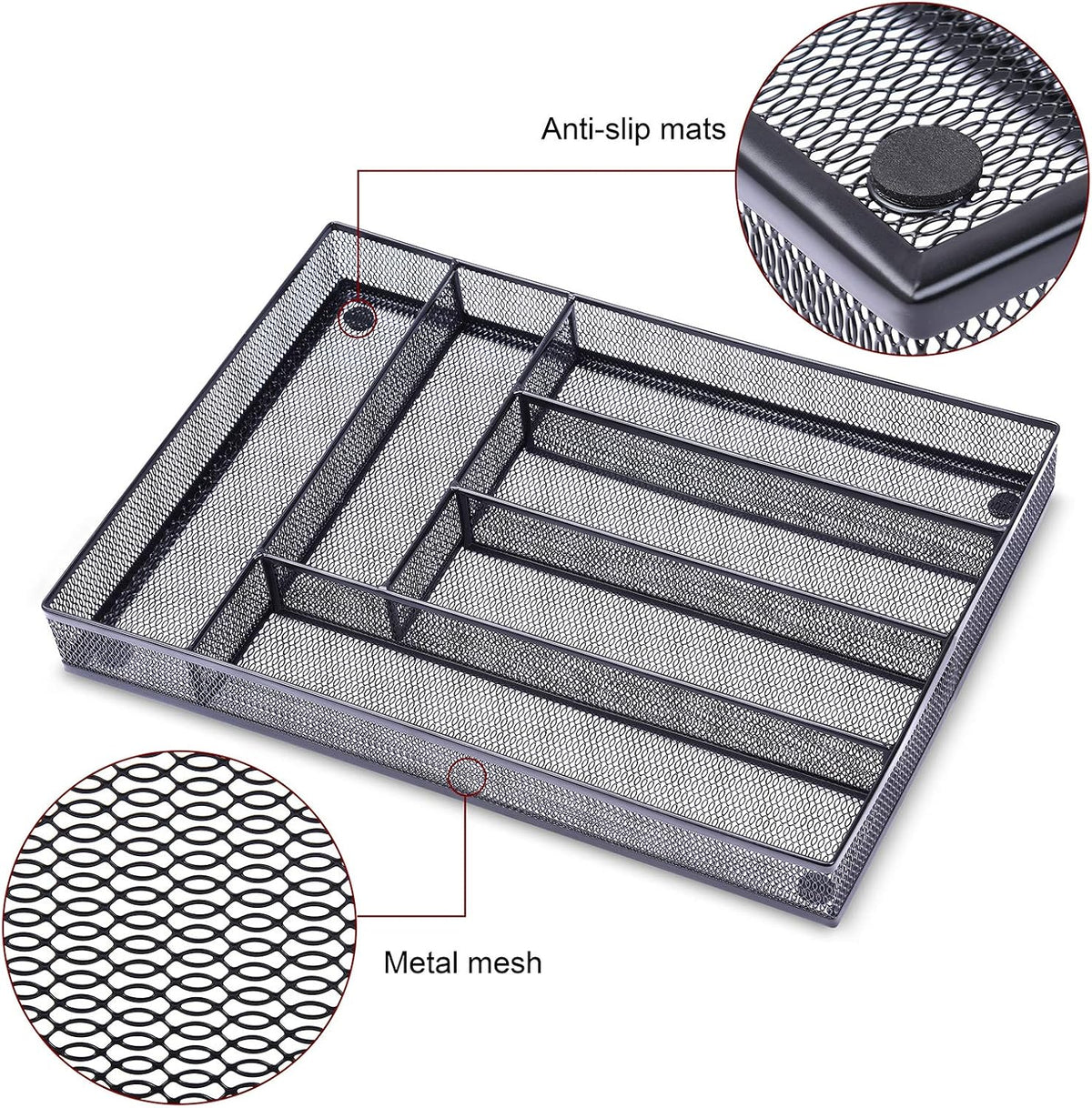 Office Desk Drawer Organizer, 5 Compartments Mesh Drawer Organizer Tray for Storage Art Supplies, Stationery, Black