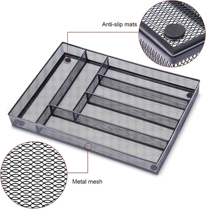 Office Desk Drawer Organizer, 5 Compartments Mesh Drawer Organizer Tray for Storage Art Supplies, Stationery, Black