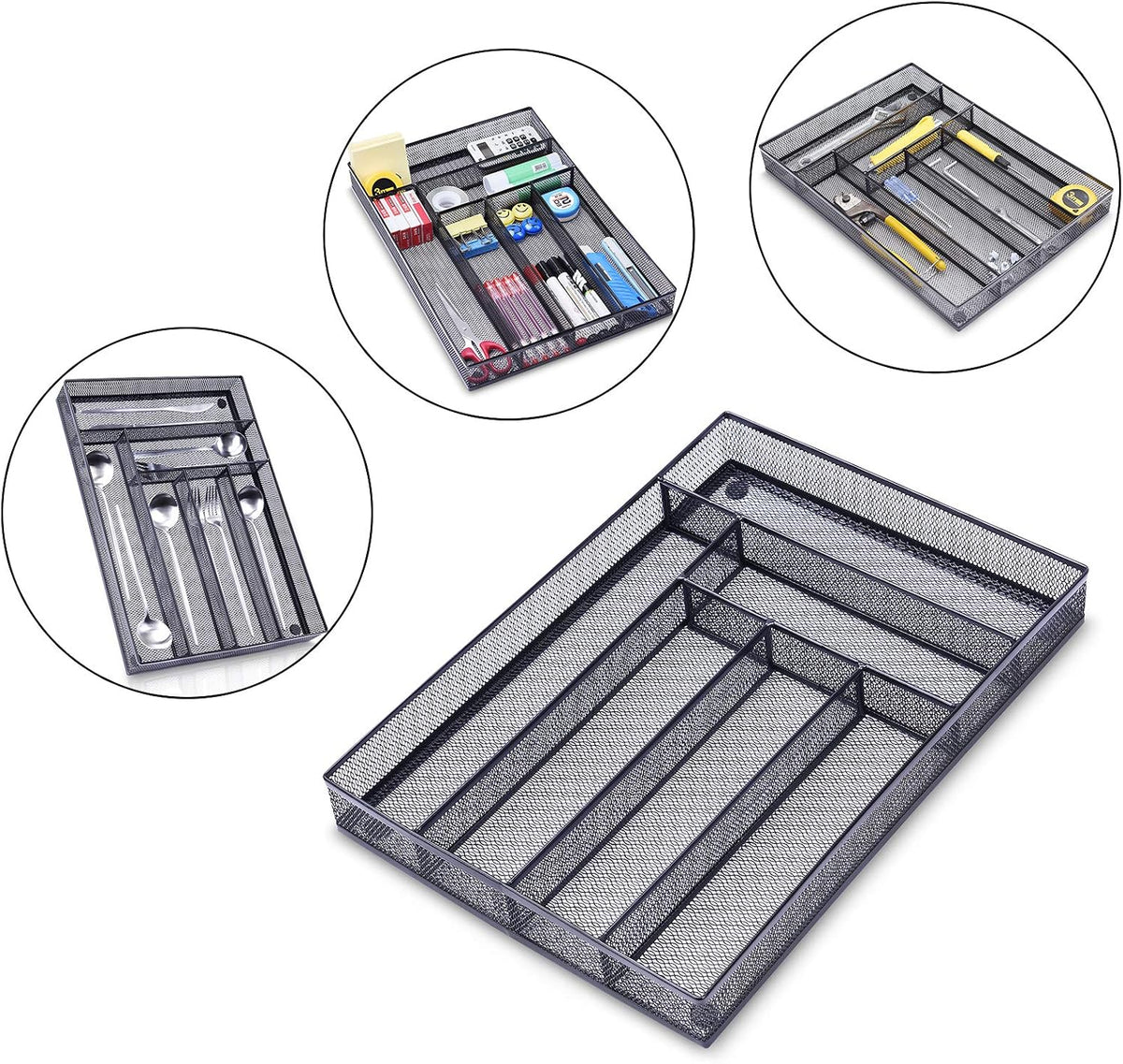 Office Desk Drawer Organizer, 5 Compartments Mesh Drawer Organizer Tray for Storage Art Supplies, Stationery, Black