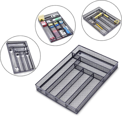 Office Desk Drawer Organizer, 5 Compartments Mesh Drawer Organizer Tray for Storage Art Supplies, Stationery, Black
