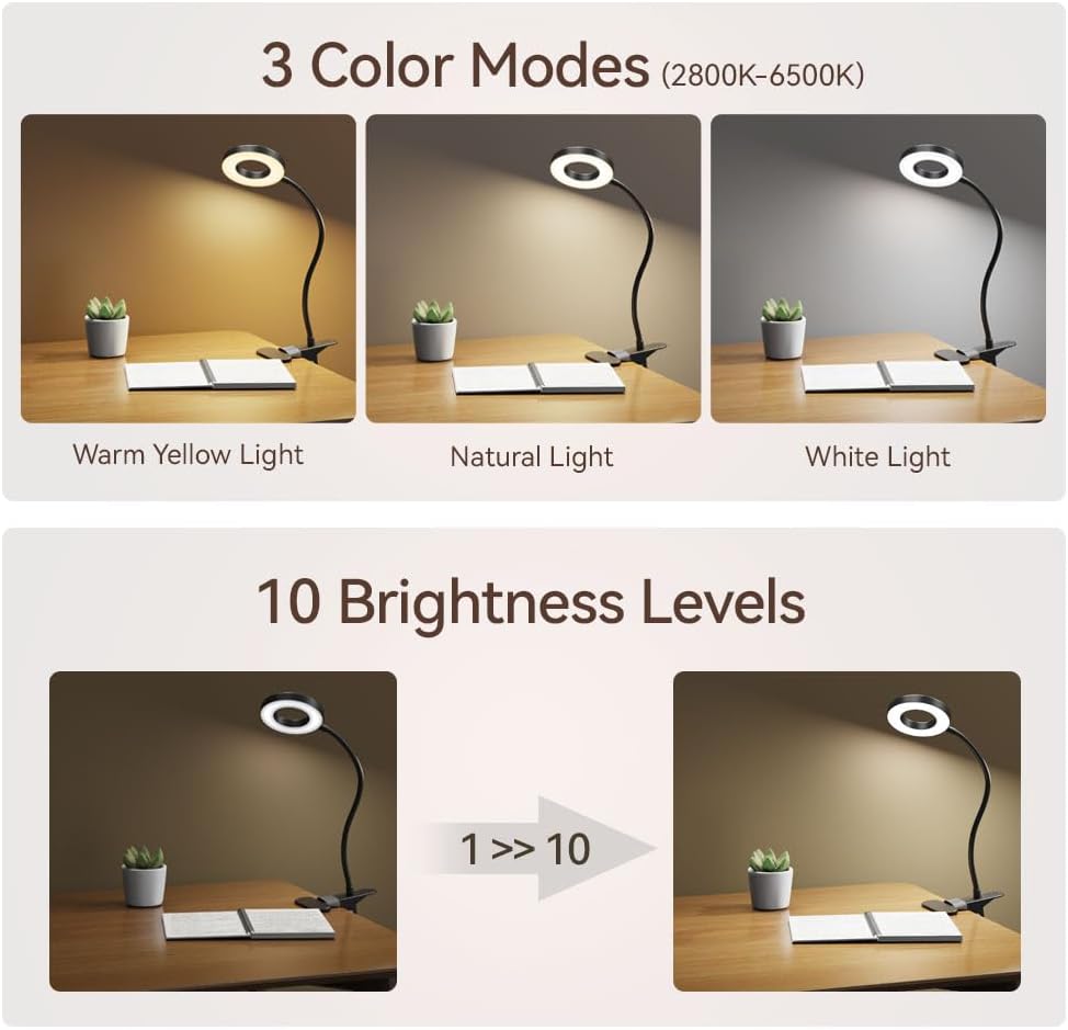 LED Desk Lamp Clip on Light with 3 Color Modes 10 Brightness Ring/Clamp Light 360° Adjustable Neck Dimmable Eye Protection Desk Lamps for Home Office