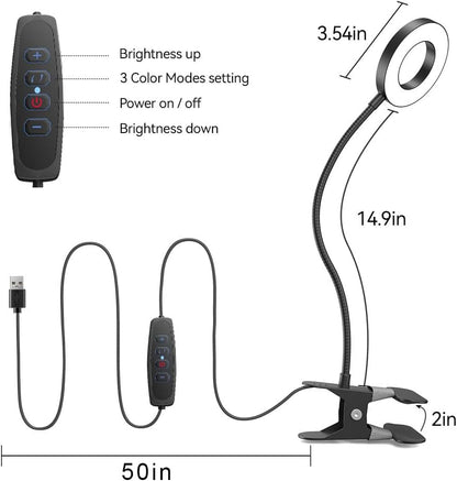 LED Desk Lamp Clip on Light with 3 Color Modes 10 Brightness Ring/Clamp Light 360° Adjustable Neck Dimmable Eye Protection Desk Lamps for Home Office