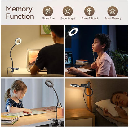 LED Desk Lamp Clip on Light with 3 Color Modes 10 Brightness Ring/Clamp Light 360° Adjustable Neck Dimmable Eye Protection Desk Lamps for Home Office