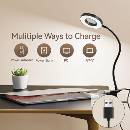 LED Desk Lamp Clip on Light with 3 Color Modes 10 Brightness Ring/Clamp Light 360° Adjustable Neck Dimmable Eye Protection Desk Lamps for Home Office