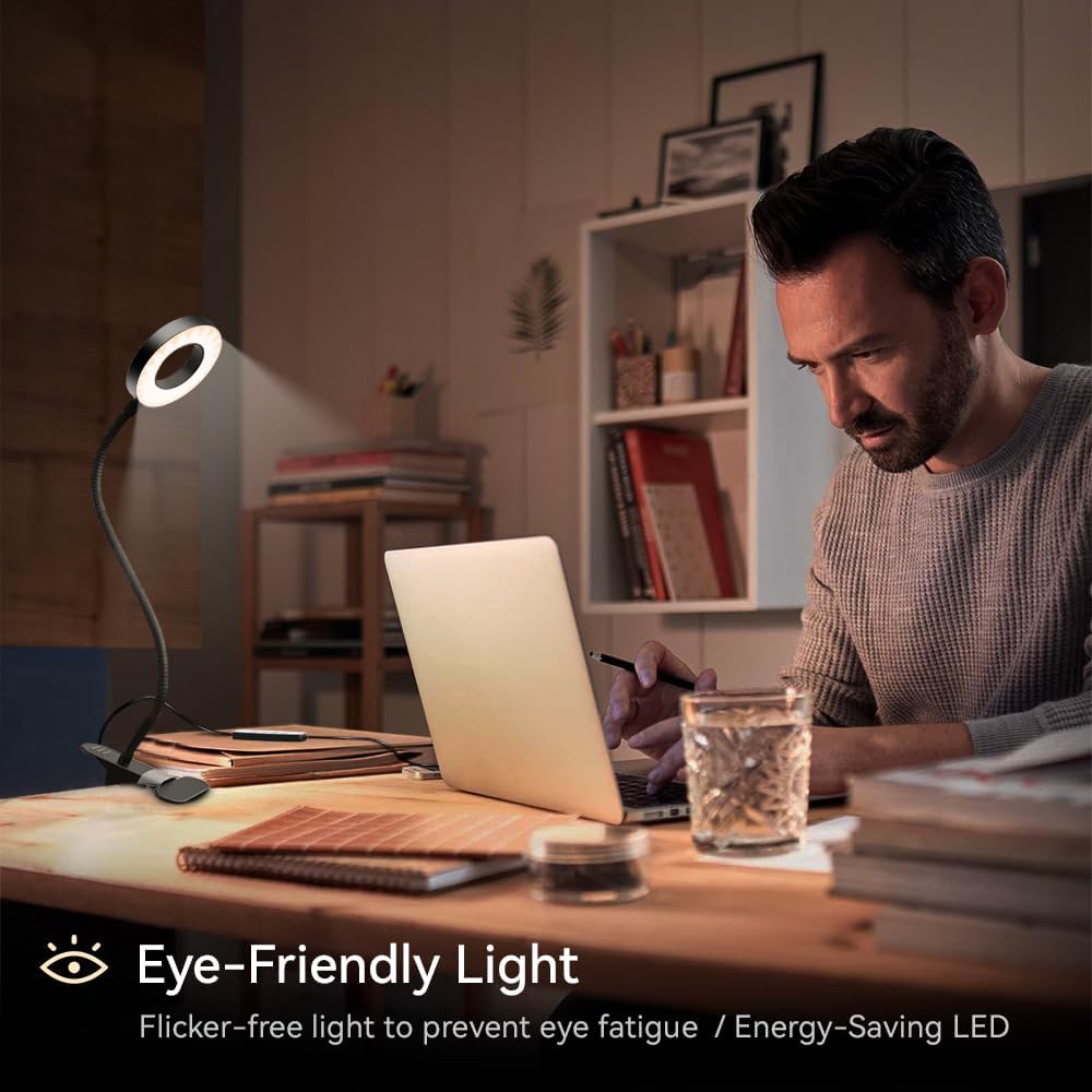 LED Desk Lamp Clip on Light with 3 Color Modes 10 Brightness Ring/Clamp Light 360° Adjustable Neck Dimmable Eye Protection Desk Lamps for Home Office