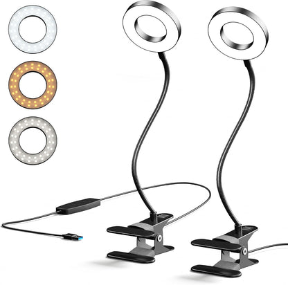 LED Desk Lamp Clip on Light with 3 Color Modes 10 Brightness Ring/Clamp Light 360° Adjustable Neck Dimmable Eye Protection Desk Lamps for Home Office