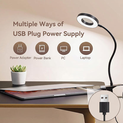 LED Desk Lamp Clip on Light with 3 Color Modes 10 Brightness Ring/Clamp Light 360° Adjustable Neck Dimmable Eye Protection Desk Lamps for Home Office