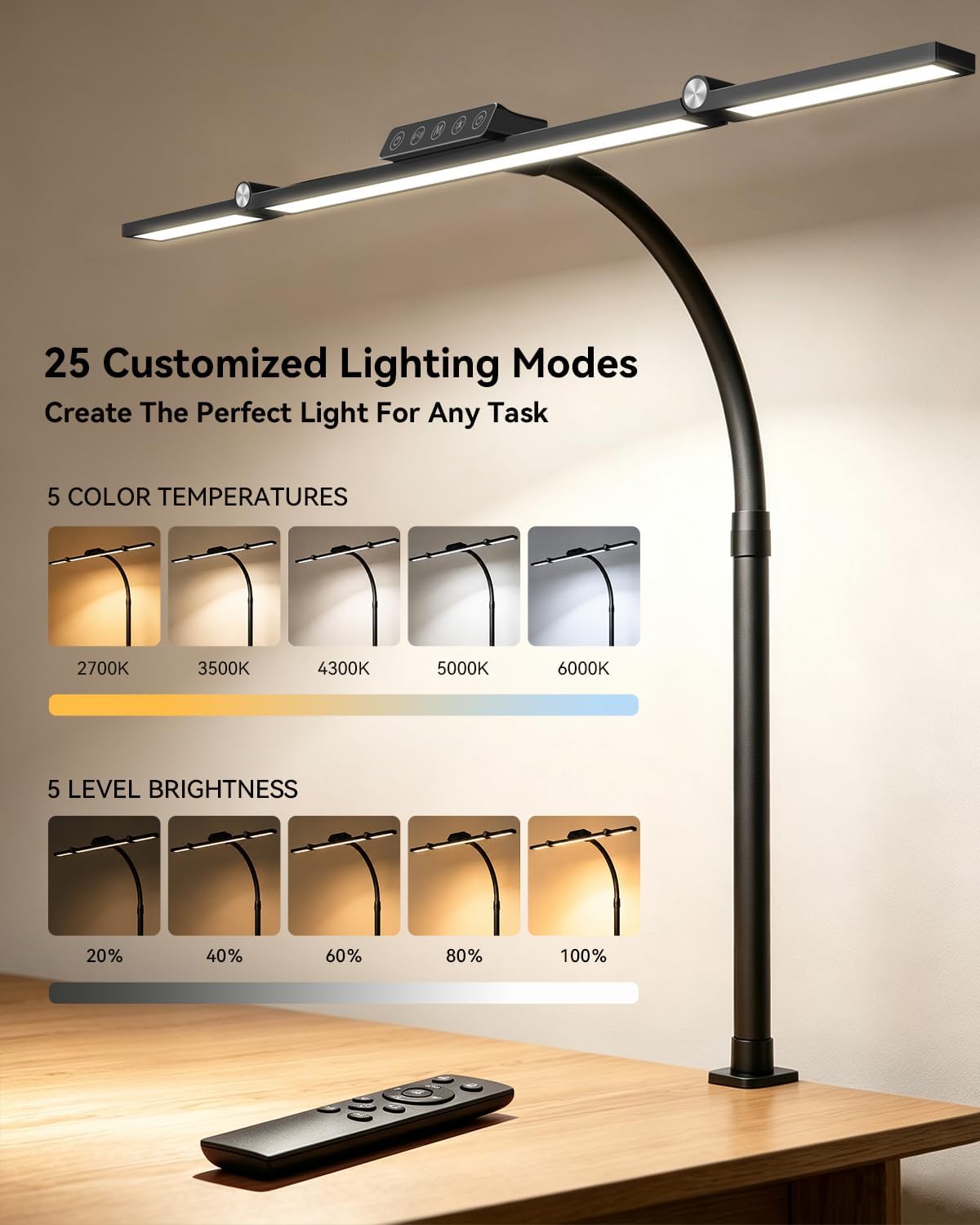 LED Desk Lamp Clip on Light with 3 Color Modes 10 Brightness Ring/Clamp Light 360° Adjustable Neck Dimmable Eye Protection Desk Lamps for Home Office