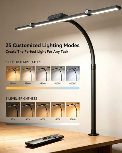 LED Desk Lamp Clip on Light with 3 Color Modes 10 Brightness Ring/Clamp Light 360° Adjustable Neck Dimmable Eye Protection Desk Lamps for Home Office