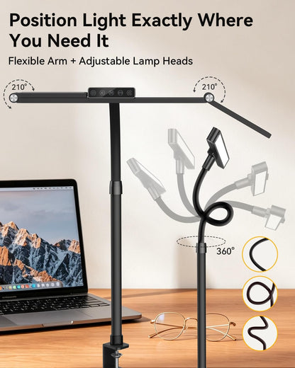 LED Desk Lamp Clip on Light with 3 Color Modes 10 Brightness Ring/Clamp Light 360° Adjustable Neck Dimmable Eye Protection Desk Lamps for Home Office