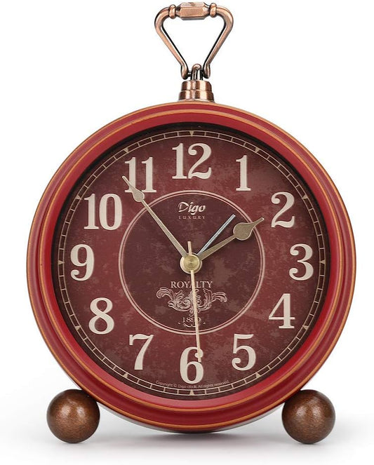 Classic Retro Alarm Clock, Red Vintage Non-Ticking Table Desk Small Alarm Clock, Battery Operated Silent Quartz Movement HD Glass for Bedroom Living Room Indoor Decoration