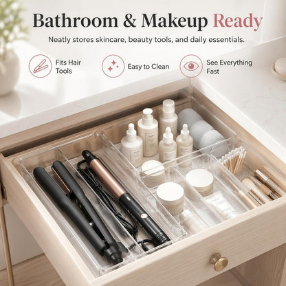 Large Clear Plastic Drawer Organizer Trays, 3 Sizes, Non-Slip