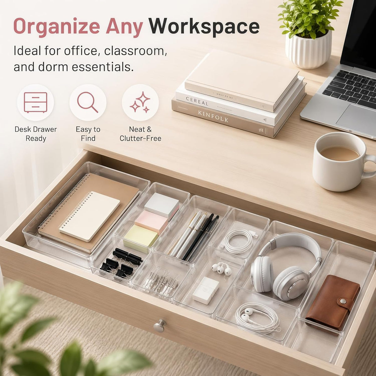 Large Clear Plastic Drawer Organizer Trays, 3 Sizes, Non-Slip