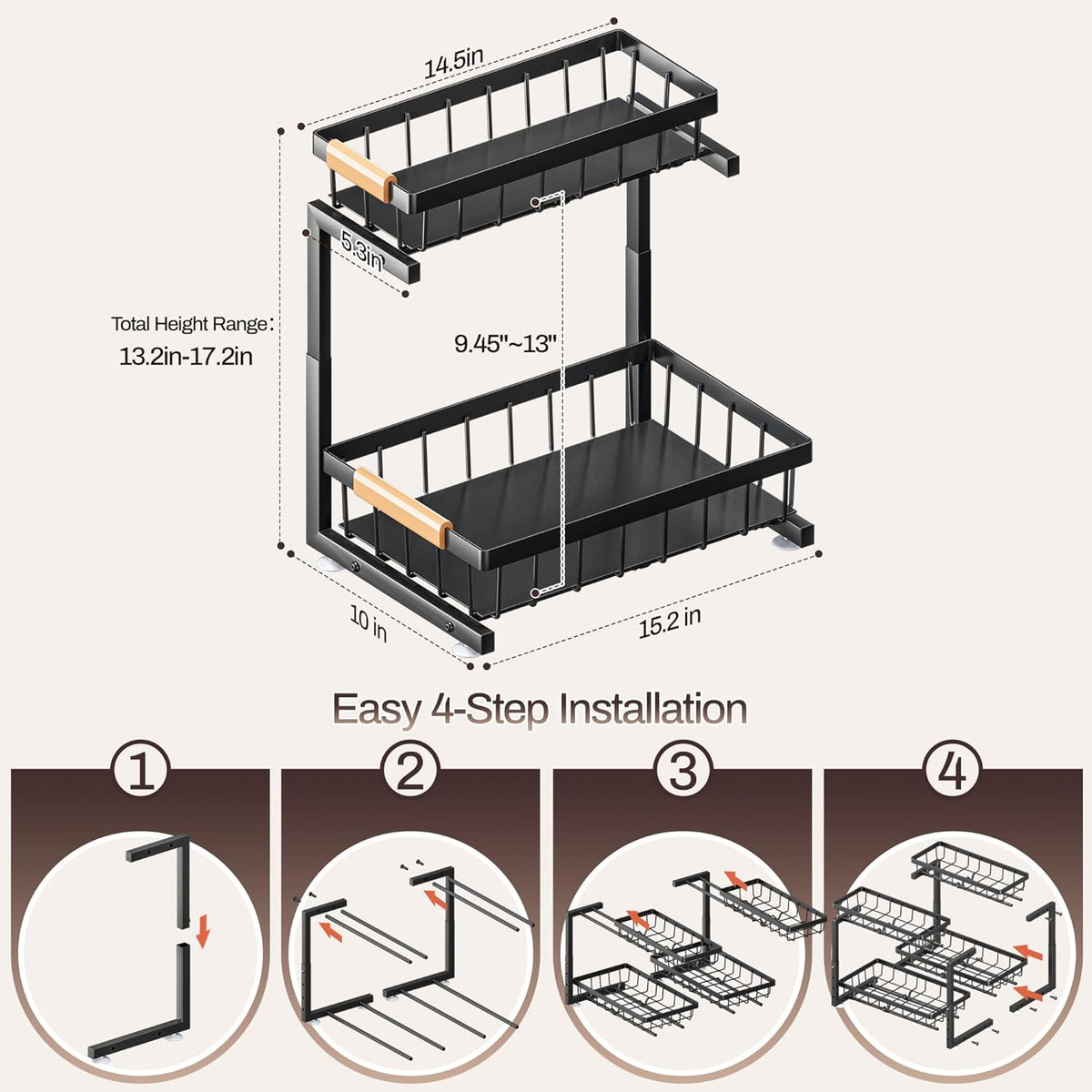 Under Sink Organizer, 2 Pack 2 Tier Expandable Height (13.2" - 17.2") Pull out Kitchen Bathroom Cabinet Organizers and Storage Shelf