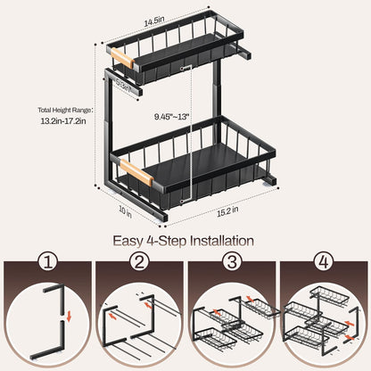 Under Sink Organizer, 2 Pack 2 Tier Expandable Height (13.2" - 17.2") Pull out Kitchen Bathroom Cabinet Organizers and Storage Shelf
