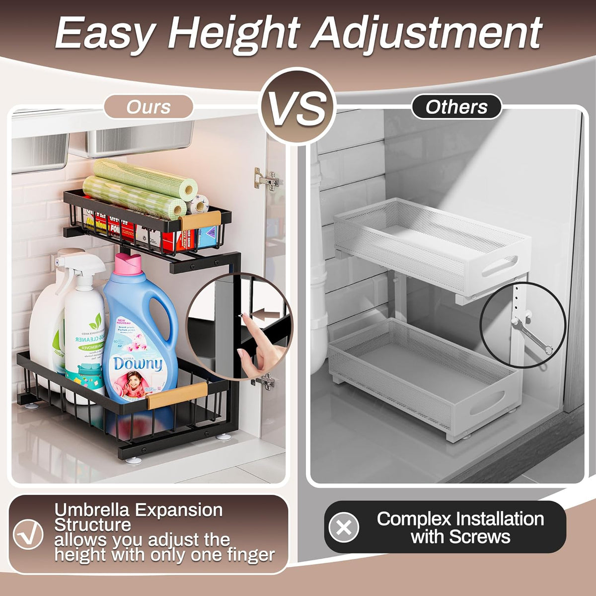 Under Sink Organizer, 2 Pack 2 Tier Expandable Height (13.2" - 17.2") Pull out Kitchen Bathroom Cabinet Organizers and Storage Shelf
