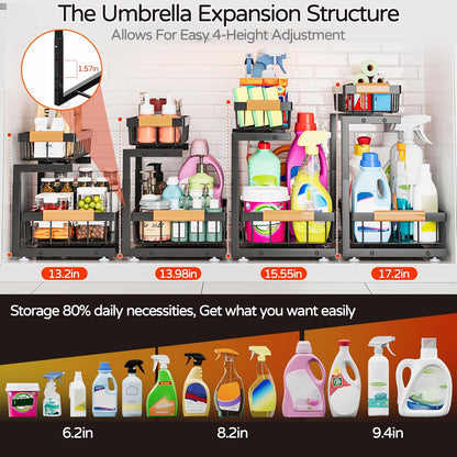 Under Sink Organizer, 2 Pack 2 Tier Expandable Height (13.2" - 17.2") Pull out Kitchen Bathroom Cabinet Organizers and Storage Shelf