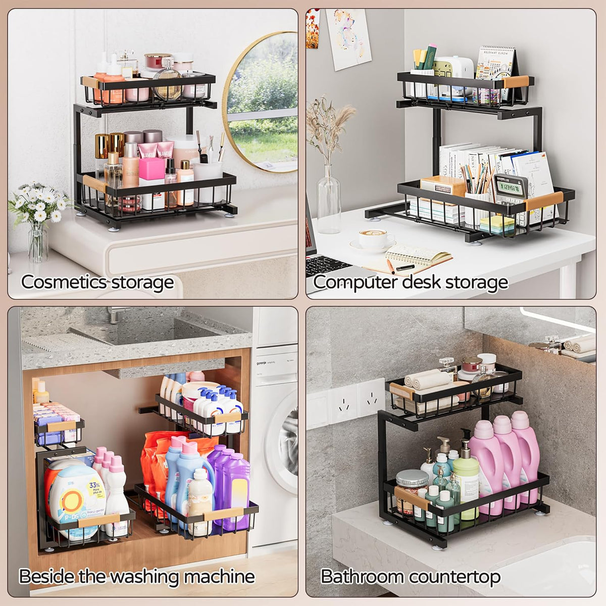 Under Sink Organizer, 2 Pack 2 Tier Expandable Height (13.2" - 17.2") Pull out Kitchen Bathroom Cabinet Organizers and Storage Shelf