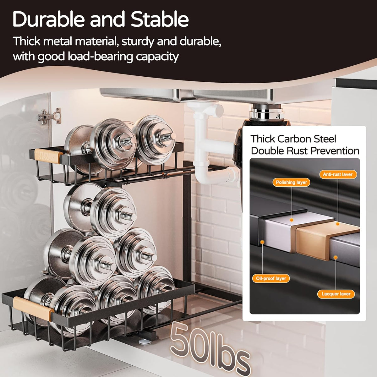 Under Sink Organizer, 2 Pack 2 Tier Expandable Height (13.2" - 17.2") Pull out Kitchen Bathroom Cabinet Organizers and Storage Shelf