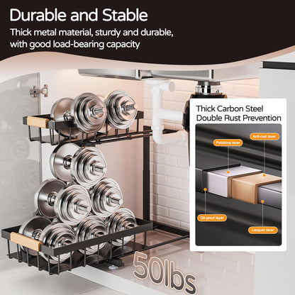 Under Sink Organizer, 2 Pack 2 Tier Expandable Height (13.2" - 17.2") Pull out Kitchen Bathroom Cabinet Organizers and Storage Shelf