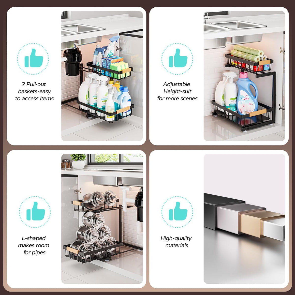 Under Sink Organizer, 2 Pack 2 Tier Expandable Height (13.2" - 17.2") Pull out Kitchen Bathroom Cabinet Organizers and Storage Shelf