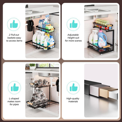 Under Sink Organizer, 2 Pack 2 Tier Expandable Height (13.2" - 17.2") Pull out Kitchen Bathroom Cabinet Organizers and Storage Shelf