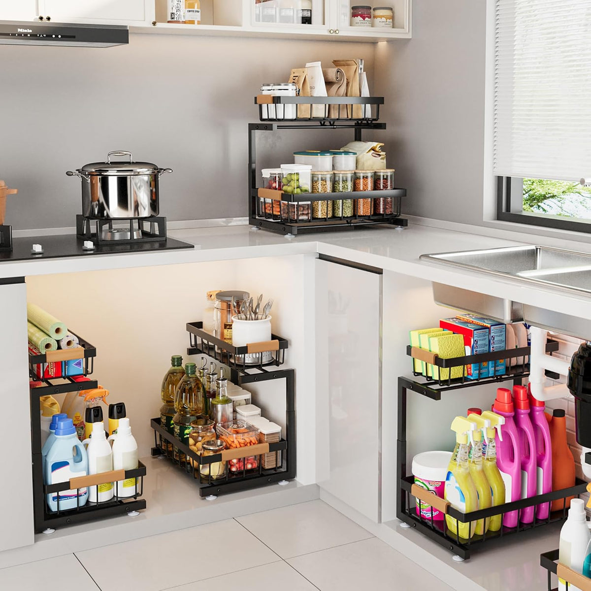 Under Sink Organizer, 2 Pack 2 Tier Expandable Height (13.2" - 17.2") Pull out Kitchen Bathroom Cabinet Organizers and Storage Shelf