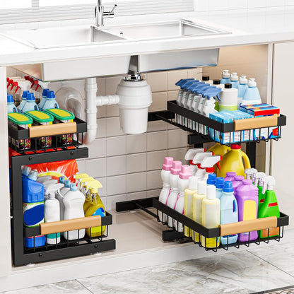 Under Sink Organizer, 2 Pack 2 Tier Expandable Height (13.2" - 17.2") Pull out Kitchen Bathroom Cabinet Organizers and Storage Shelf