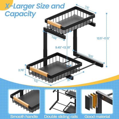 Under Sink Organizer, 2 Pack 2 Tier Expandable Height (13.2" - 17.2") Pull out Kitchen Bathroom Cabinet Organizers and Storage Shelf