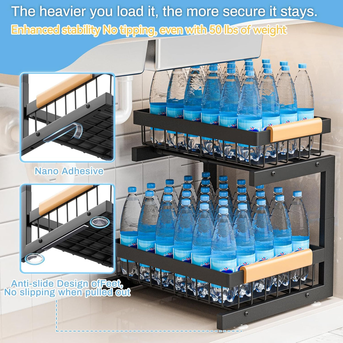 Under Sink Organizer, 2 Pack 2 Tier Expandable Height (13.2" - 17.2") Pull out Kitchen Bathroom Cabinet Organizers and Storage Shelf