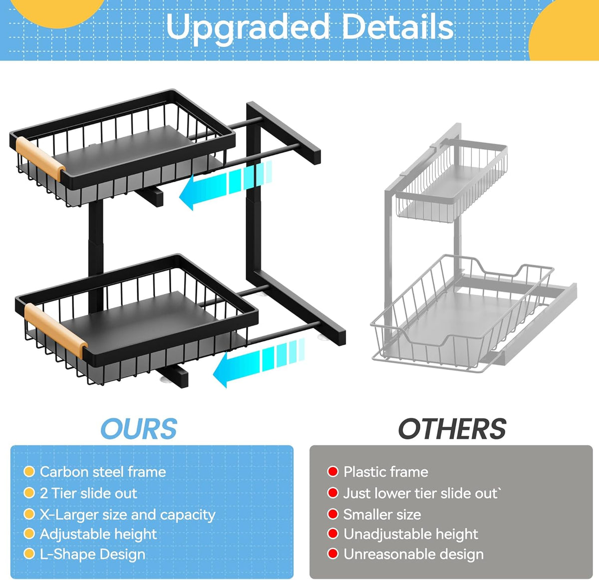 Under Sink Organizer, 2 Pack 2 Tier Expandable Height (13.2" - 17.2") Pull out Kitchen Bathroom Cabinet Organizers and Storage Shelf