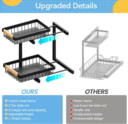 Under Sink Organizer, 2 Pack 2 Tier Expandable Height (13.2" - 17.2") Pull out Kitchen Bathroom Cabinet Organizers and Storage Shelf