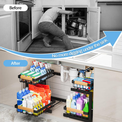 Under Sink Organizer, 2 Pack 2 Tier Expandable Height (13.2" - 17.2") Pull out Kitchen Bathroom Cabinet Organizers and Storage Shelf