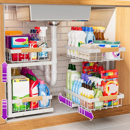 Under Sink Organizer, 2 Pack 2 Tier Expandable Height (13.2" - 17.2") Pull out Kitchen Bathroom Cabinet Organizers and Storage Shelf