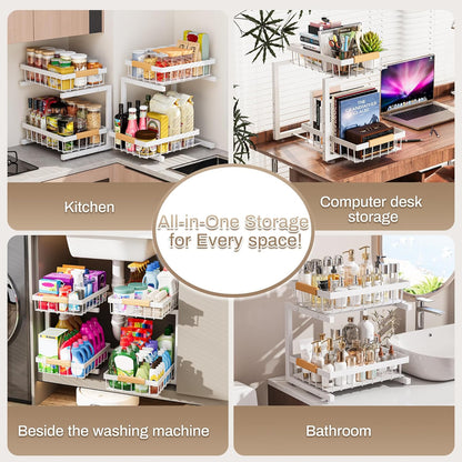 Under Sink Organizer, 2 Pack 2 Tier Expandable Height (13.2" - 17.2") Pull out Kitchen Bathroom Cabinet Organizers and Storage Shelf