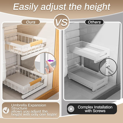Under Sink Organizer, 2 Pack 2 Tier Expandable Height (13.2" - 17.2") Pull out Kitchen Bathroom Cabinet Organizers and Storage Shelf