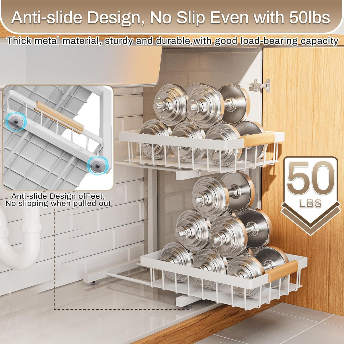 Under Sink Organizer, 2 Pack 2 Tier Expandable Height (13.2" - 17.2") Pull out Kitchen Bathroom Cabinet Organizers and Storage Shelf