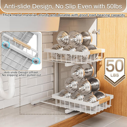 Under Sink Organizer, 2 Pack 2 Tier Expandable Height (13.2" - 17.2") Pull out Kitchen Bathroom Cabinet Organizers and Storage Shelf