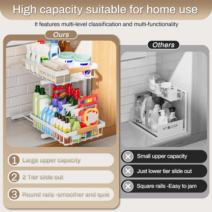 Under Sink Organizer, 2 Pack 2 Tier Expandable Height (13.2" - 17.2") Pull out Kitchen Bathroom Cabinet Organizers and Storage Shelf