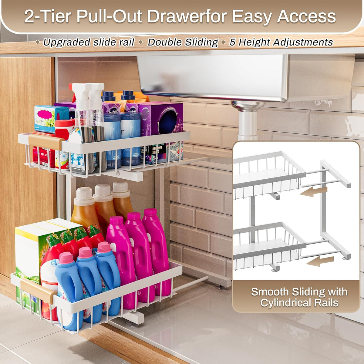 Under Sink Organizer, 2 Pack 2 Tier Expandable Height (13.2" - 17.2") Pull out Kitchen Bathroom Cabinet Organizers and Storage Shelf