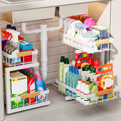 Under Sink Organizer, 2 Pack 2 Tier Expandable Height (13.2" - 17.2") Pull out Kitchen Bathroom Cabinet Organizers and Storage Shelf