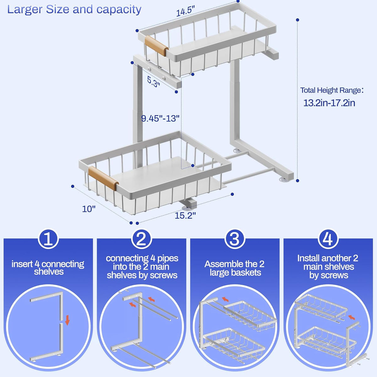 Under Sink Organizer, 2 Pack 2 Tier Expandable Height (13.2" - 17.2") Pull out Kitchen Bathroom Cabinet Organizers and Storage Shelf