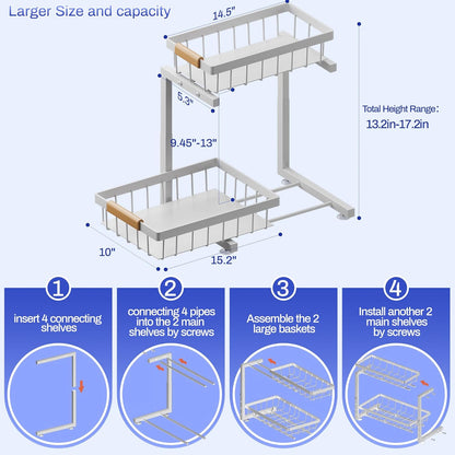 Under Sink Organizer, 2 Pack 2 Tier Expandable Height (13.2" - 17.2") Pull out Kitchen Bathroom Cabinet Organizers and Storage Shelf