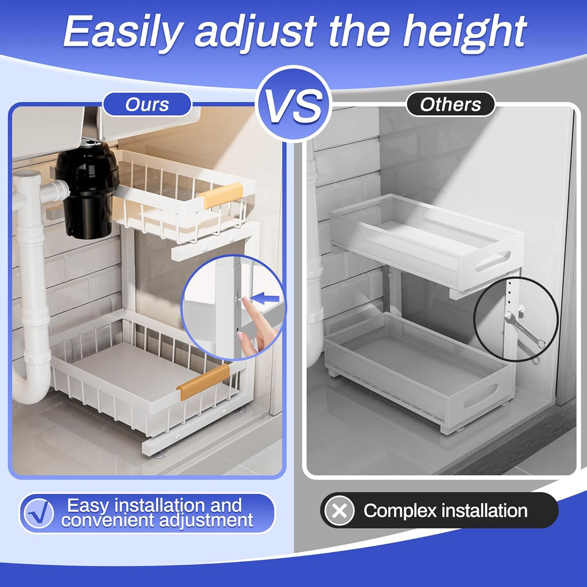 Under Sink Organizer, 2 Pack 2 Tier Expandable Height (13.2" - 17.2") Pull out Kitchen Bathroom Cabinet Organizers and Storage Shelf